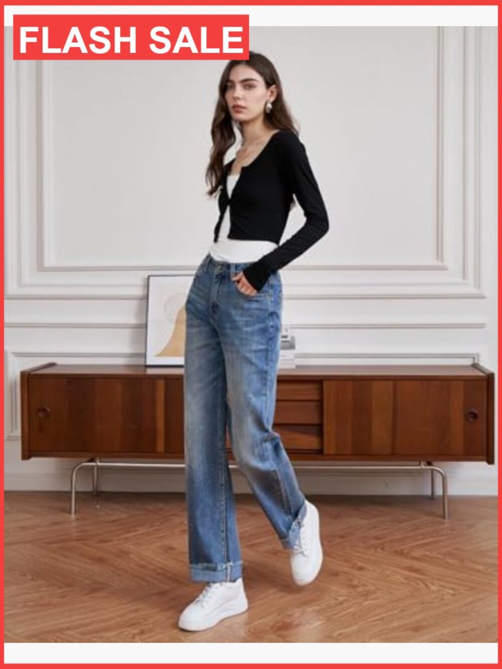 High Waisted Straight Leg Jeans Raw Hem Tummy Control Stretchy Denim - Picture 5 of 7